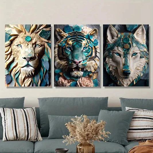 3pcs Abstract woodland animal portrait, blue Metal Print Ready to Hang Art