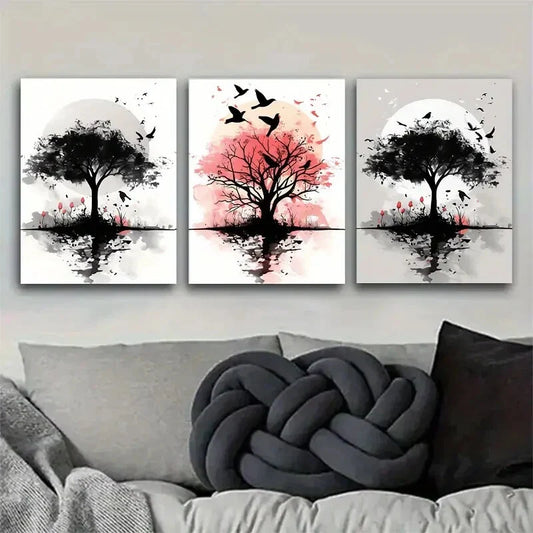 3pcs Black And White Tree Art with Pink Accents Metal Print Ready to Hang Art