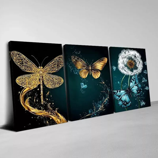 3pcs Enchanting Abstract Golden Butterfly Dandelion Wall Art Set Canvas Framed 40x60cm - High Quality Print 100% Australian Made Wall Canvas Ready to Hang