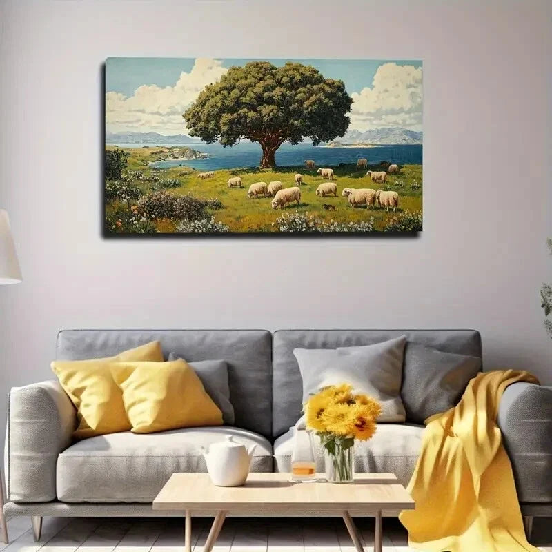 Serene Sheep Grazing Under Tree Wall Art Canvas Office Home Room Framed 120x60cm
