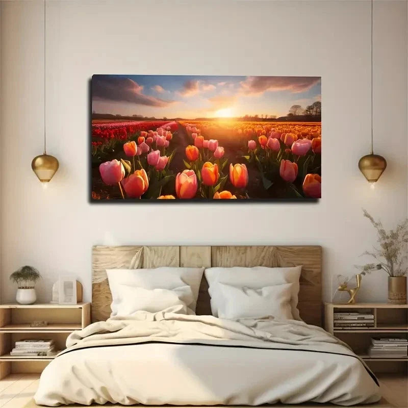 Vibrant Sunset Tulip Field Wall Art Canvas Office Home Room Framed 80x45cm