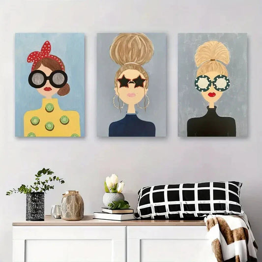 3pcs Trendy Girl Women with Fashion Glasses Metal Print Ready to Hang Art