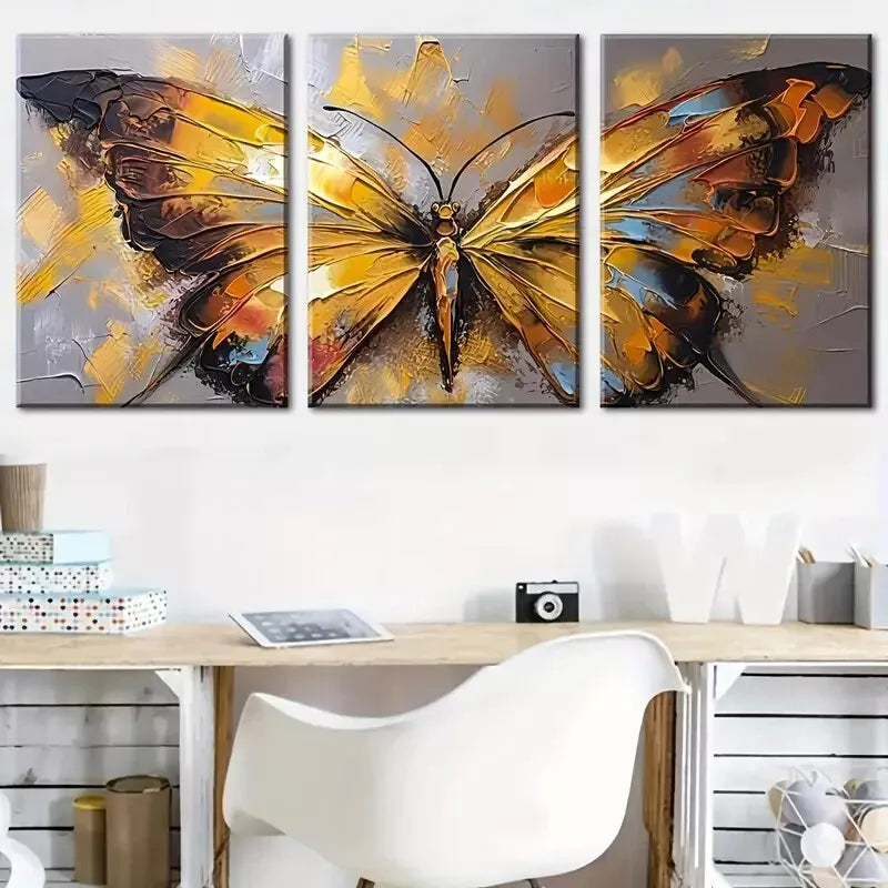 3pcs  Retro Golden butterfly abstract painting Wall Art Set Canvas Framed 40x60cm - High Quality Print 100% Australian Made Wall Canvas Ready to Hang