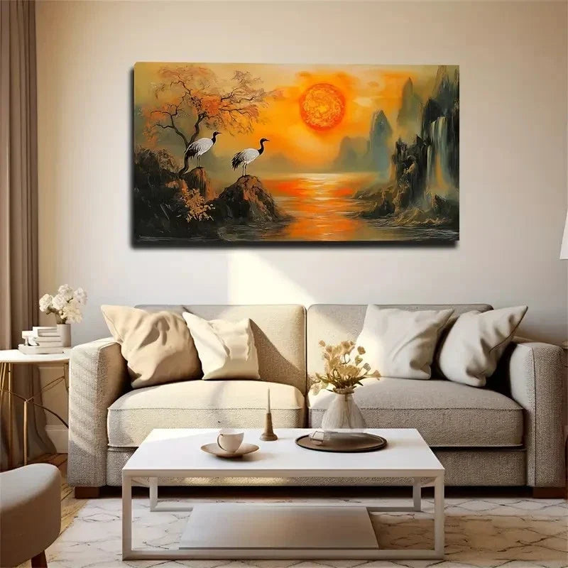Tranquil Landscape With Cranes Wall Art Canvas Office Home Room Framed 80x45cm