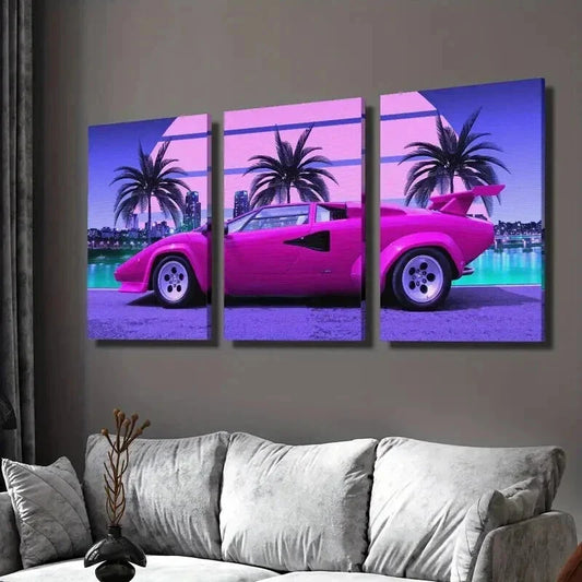 3pcs Vibrant Pink Sports Car Trees & Cityscape Wall Art Set Canvas Framed 40x60cm - High Quality Print 100% Australian Made Wall Canvas Ready to Hang