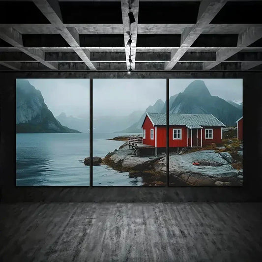 3pcs Mountain Red Farmhouse Beach Metal Print Ready to Hang Art