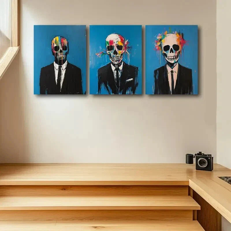 3pcs Stylish Skeleton in Suit with Vibrant Metal Print Ready to Hang Art