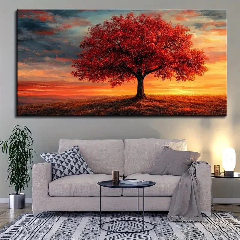 Vibrant Red Sunset Tree wall canvas office home room framed 120x60cm