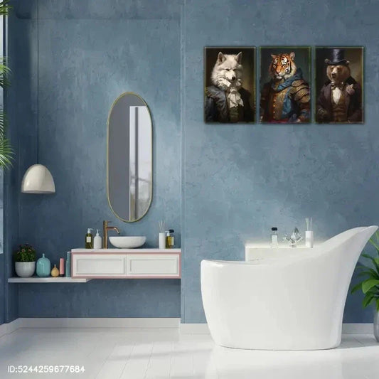 3pcs Victorian Animal Portraits Tiger, Fox & Bear Metal Print Ready to Hang Art