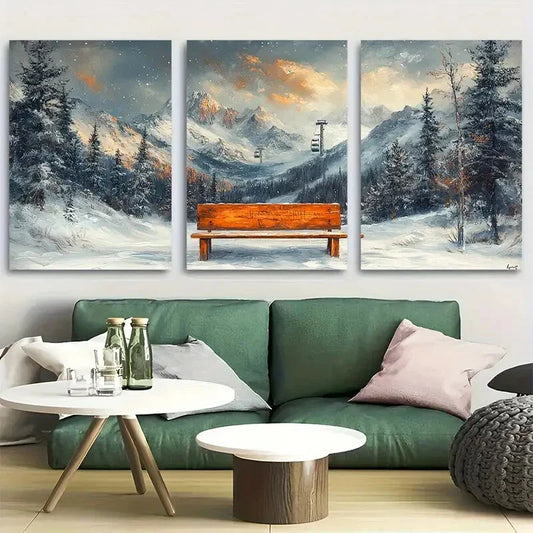 3pcs Snowy Ski Lift Serene Winter Mountain Metal Print Ready to Hang Art