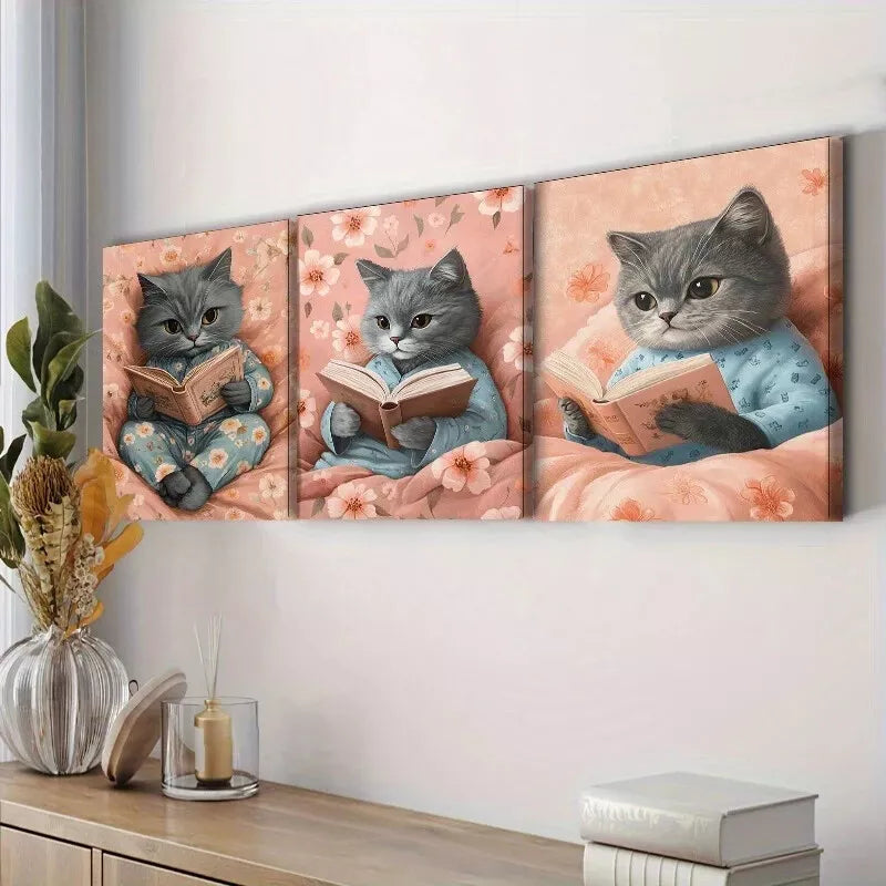 3pcs Featuring A Cat Reading  Wall Art Set Canvas Framed 40x60cm - High Quality Print 100% Australian Made Wall Canvas Ready to Hang