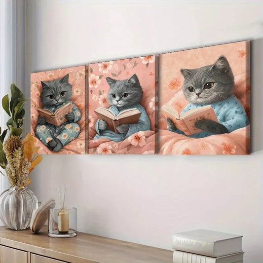 3pcs Featuring A Cat Reading  Wall Art Set Canvas Framed 40x60cm - High Quality Print 100% Australian Made Wall Canvas Ready to Hang