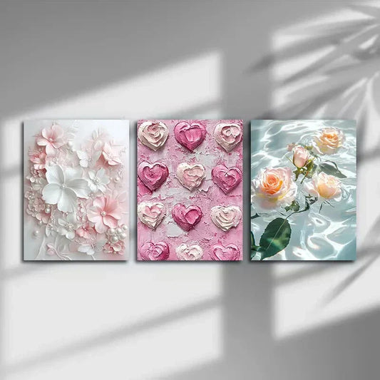 3pcs Textured Flower Yellow Rose Green Leaves Metal Print Ready to Hang Art