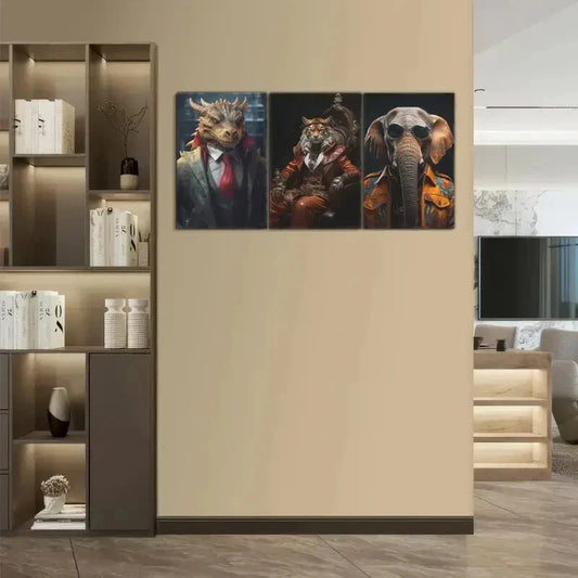 3pcs Modern Dragon Tiger & Elephant Portraits Metal Print Ready to Hang Art