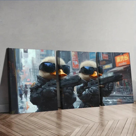 3pcs Two cute baby ducks in cyberpunk armor Wall Art Set Canvas Framed 40x60cm - High Quality Print 100% Australian Made Wall Canvas Ready to Hang