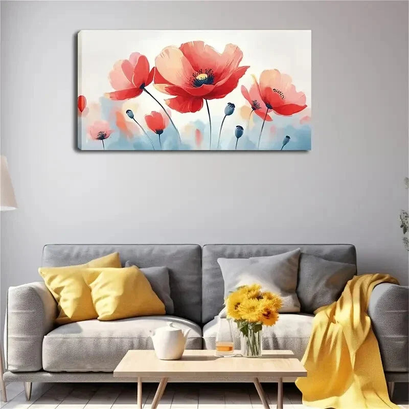 Floral Design with Vibrant Red Wall Art Canvas Office Home Room Framed 120x60cm