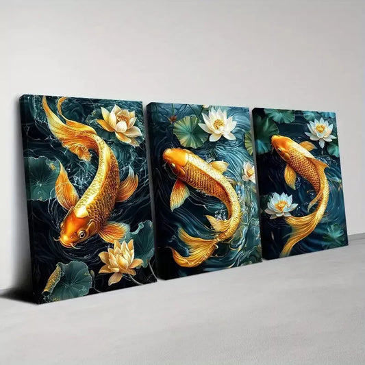 3pcs Elegant Pond Koi Swimming Floral Lotus Wall Art Set Canvas Framed 40x60cm - High Quality Print 100% Australian Made Wall Canvas Ready to Hang