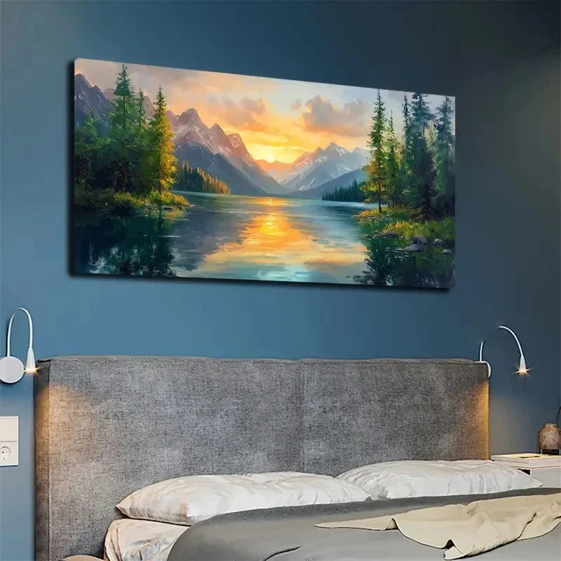 Sunset Lake Pine Trees Mount Wall Art canvas office home room framed 120x60cm