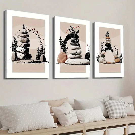 3pcs Abstract Stone Plant Art Zen Stone Stacked Wall Art Set Canvas Framed 40x60cm - High Quality Print 100% Australian Made Wall Canvas Ready to Hang