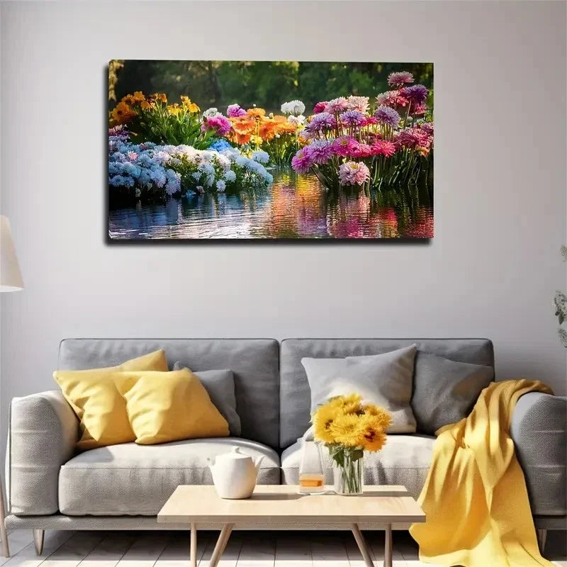 Flowers Blooming The Lake Wall Art Canvas Office Home Room Framed 80x45cm