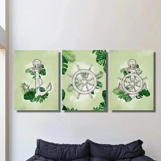 3pcs   helm and anchor on plant leaves  Metal Print Ready to Hang Art