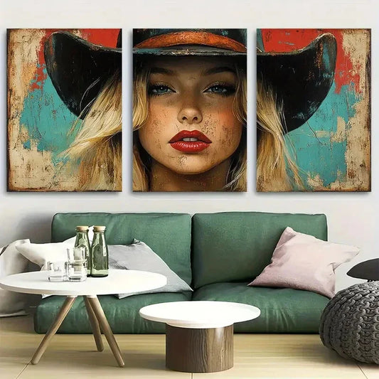 3pcs Bold Red Lips Black Hat Blonde Hair Cowgirl Metal Print Ready to Hang Art