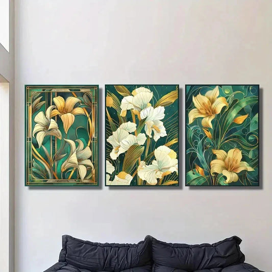 3pcs Art Nouveau, floral plants, Metal Print Ready to Hang Art