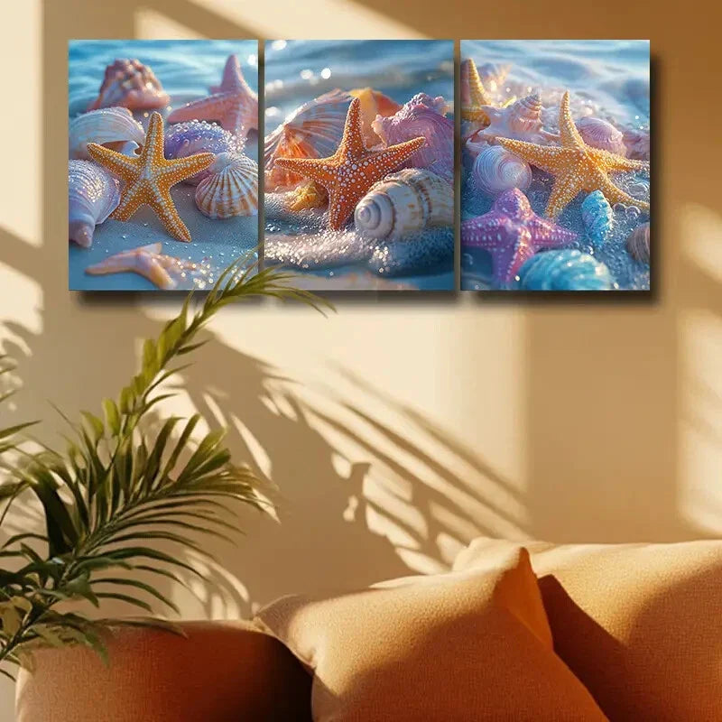 3pcs Colorful Seashell & Starfish Beach Scene Metal Print Ready to Hang Art