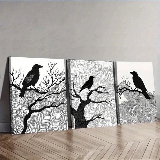 3pcs Black Crow on Tree Branches Wall Art Set Canvas Framed 40x60cm - High Quality Print 100% Australian Made Wall Canvas Ready to Hang