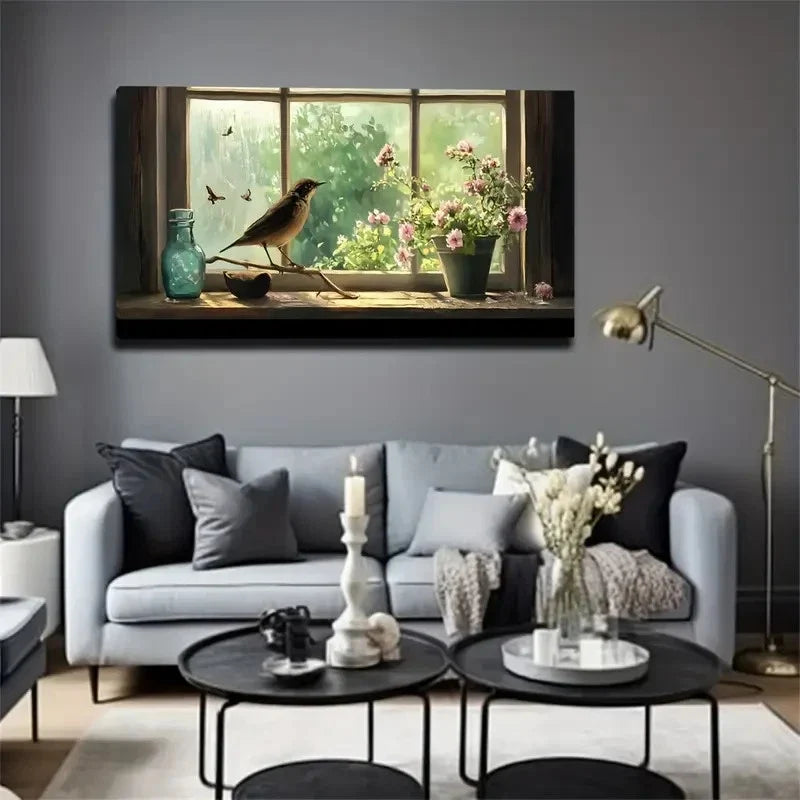 Serene Windowsill Bird Branch Wall Art Canvas Office Home Room Framed 80x45cm