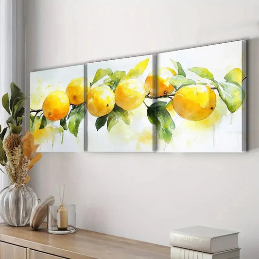 3pcs Lemons and Green Leaves Nature Yellow Wall Art Set Canvas Framed 40x60cm - High Quality Print 100% Australian Made Wall Canvas Ready to Hang
