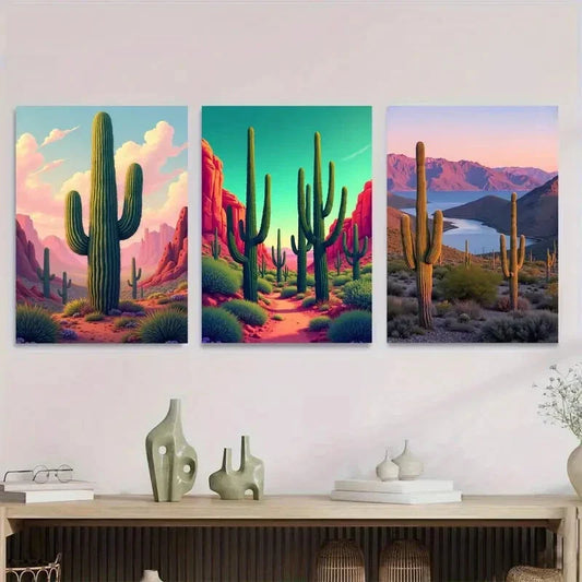 3pcs Desert Cactus Triptych Vibrant Modern Metal Print Ready to Hang Art