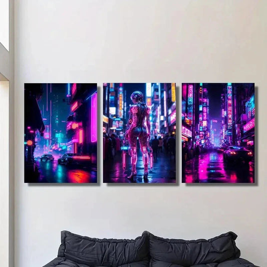 3pcs Dreamy neon city at night, robot girl  Metal Print Ready to Hang Art
