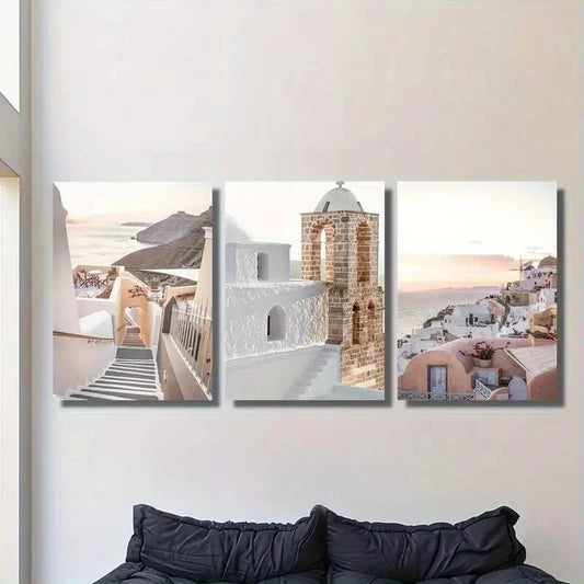 3pcs Santorini Beige Building And Soft Seaside Metal Print Ready to Hang Art