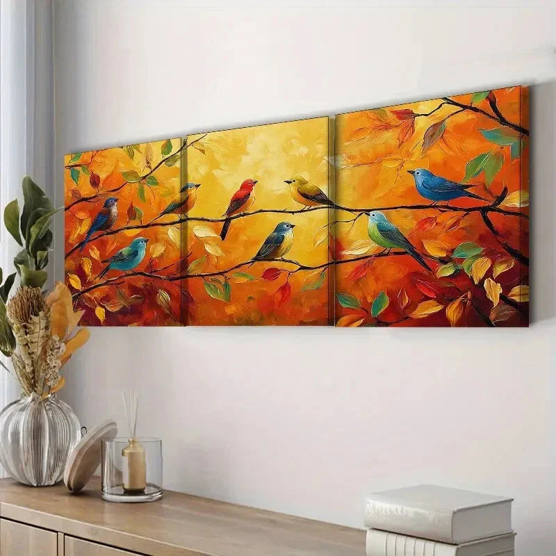 3pcs Birds on Branches & Leaves Design Perfect Wall Art Set Canvas Framed 40x60cm - High Quality Print 100% Australian Made Wall Canvas Ready to Hang