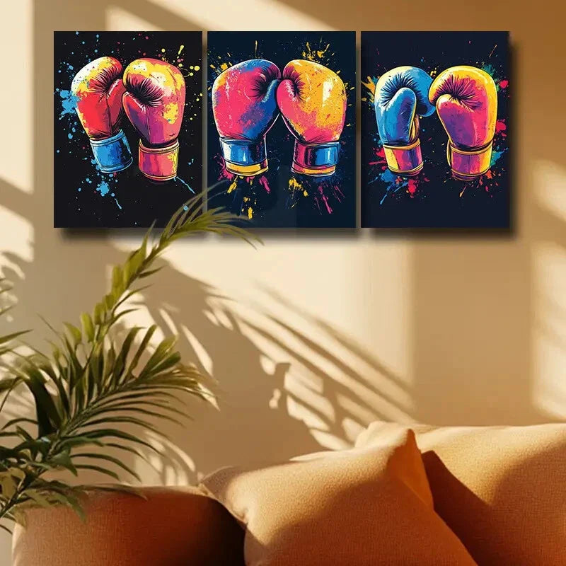 3pcs Vibrant Boxing Gloves Design Metal Print Ready to Hang Art