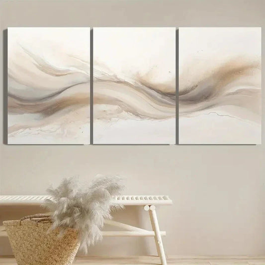 3pcs Abstract Watercolor Soft Beige & Brown Swirls Metal Print Ready to Hang Art