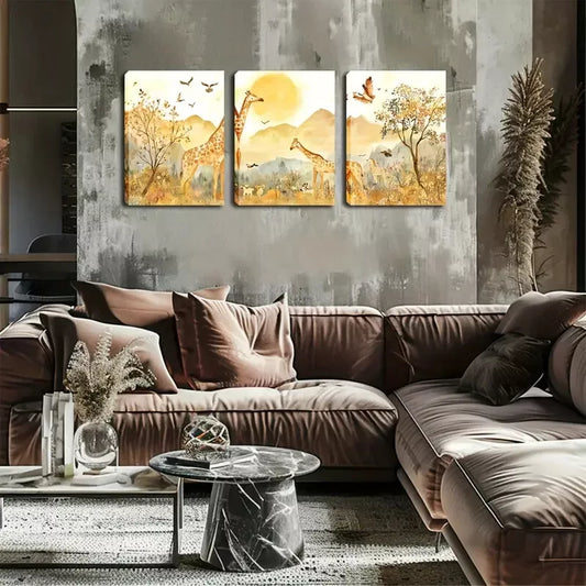 3pcs Products, Sunsets, Giraffes  Wall Art Set Canvas Framed 40x60cm - High Quality Print 100% Australian Made Wall Canvas Ready to Hang