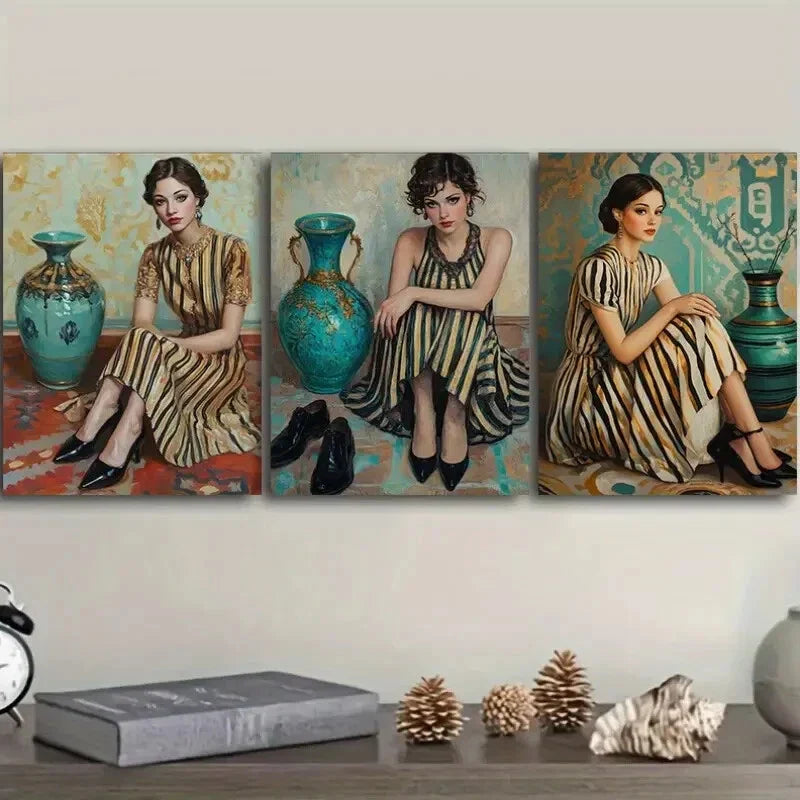 3pcs Featuring a Vintage-Style Girl, Metal Print Ready to Hang Art