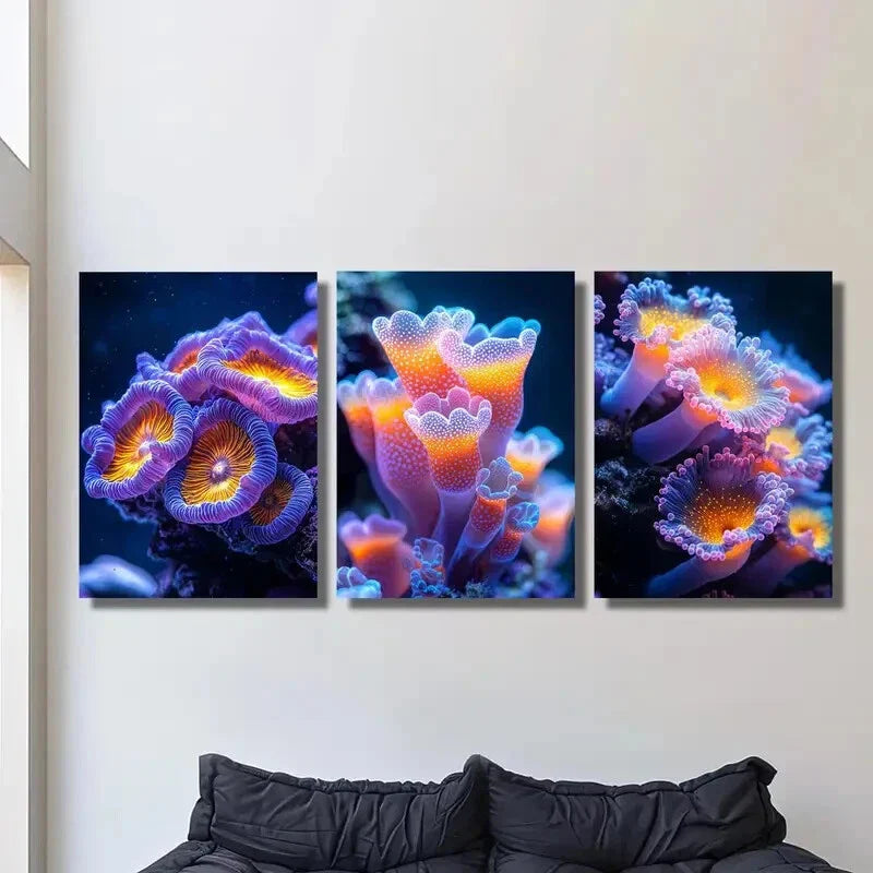 3pcs Colorful sea anemones, fantastic sea plant ,Metal Print Ready to Hang Art