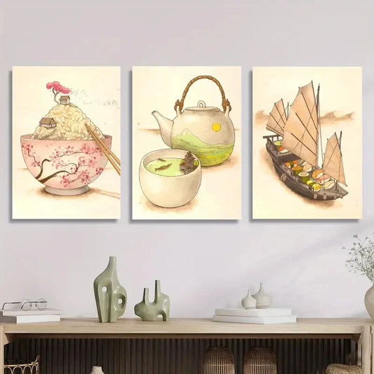 3pcs Ink Painting of Rice, Sailboats Metal Print Ready to Hang Art