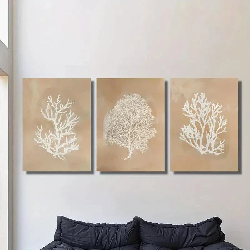 3pcs Beige coral art, seaweed botanical painting, Metal Print Ready to Hang Art
