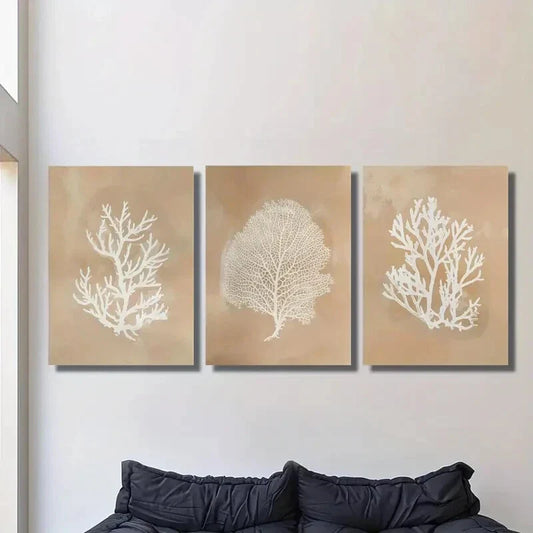 3pcs Beige coral art, seaweed botanical painting, Metal Print Ready to Hang Art