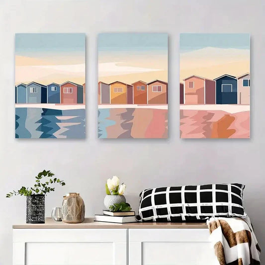 3pcs Modern Coastal Beach Houses Geometric Metal Print Ready to Hang Art
