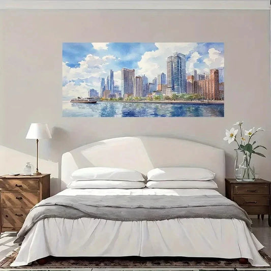 Modern Cityscape Watercolor Wall Art Canvas Office Home Room Framed 80x45cm