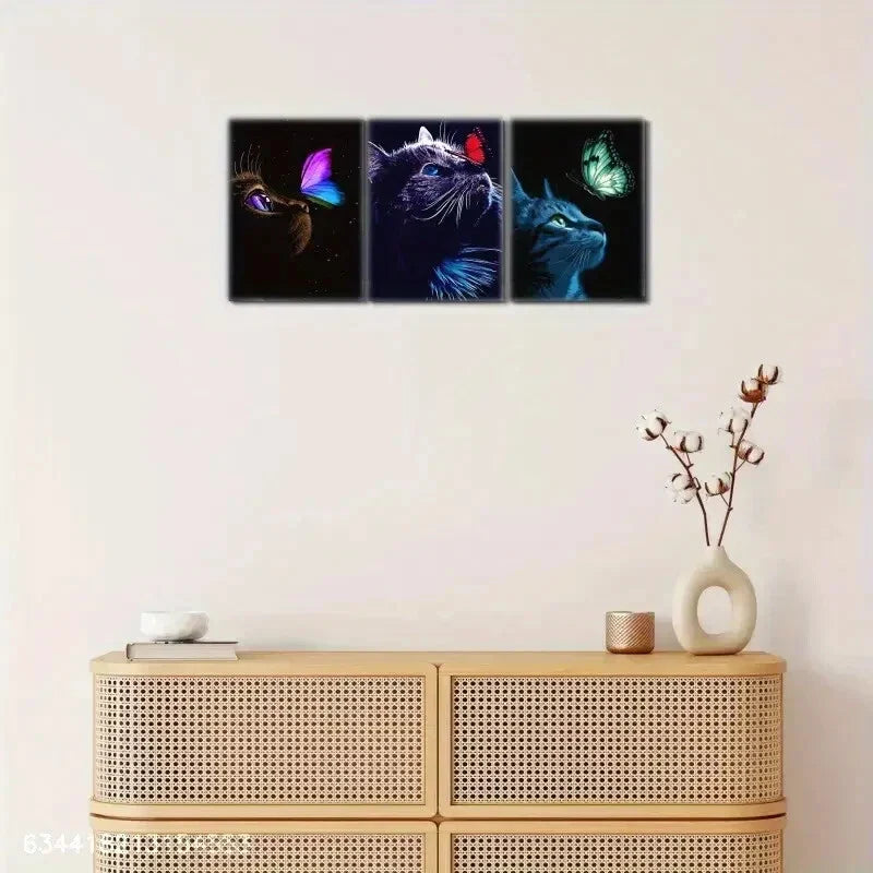 3pcs Cat and Butterfly Decoration Poster Metal Print Ready to Hang Art