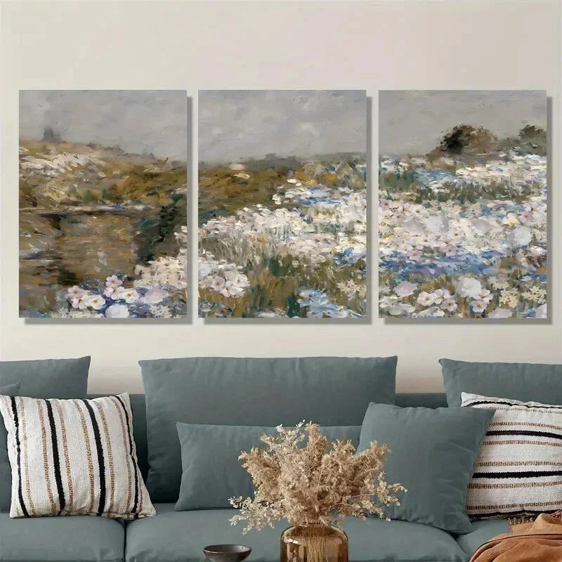 3pcs vintage grassland painting, retro rural, Metal Print Ready to Hang Art