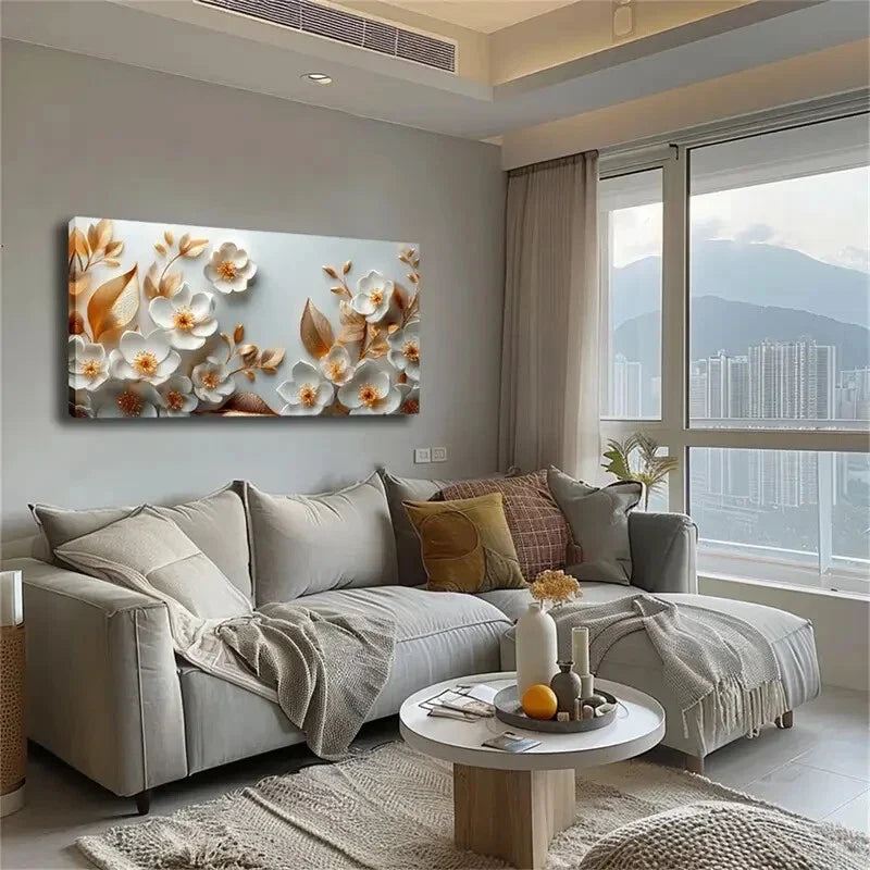 Elegant White Flowers Golden Wall Art Canvas Office Home Room Framed 120x60cm