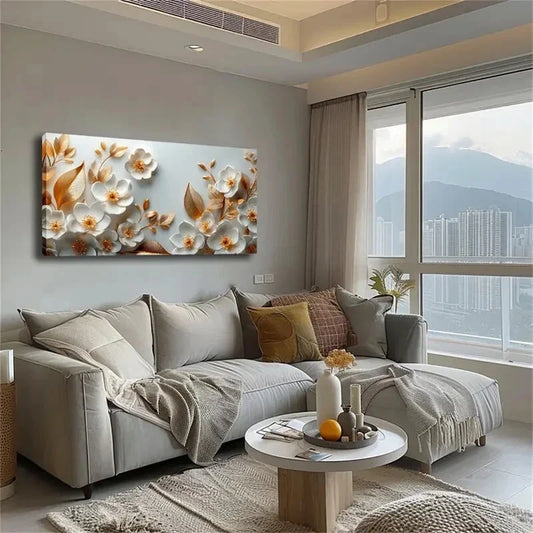 Elegant White Flowers Golden Wall Art Canvas Office Home Room Framed 120x60cm