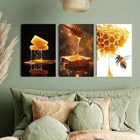 3pcs Beehives and Bees Metal Print Ready to Hang Art